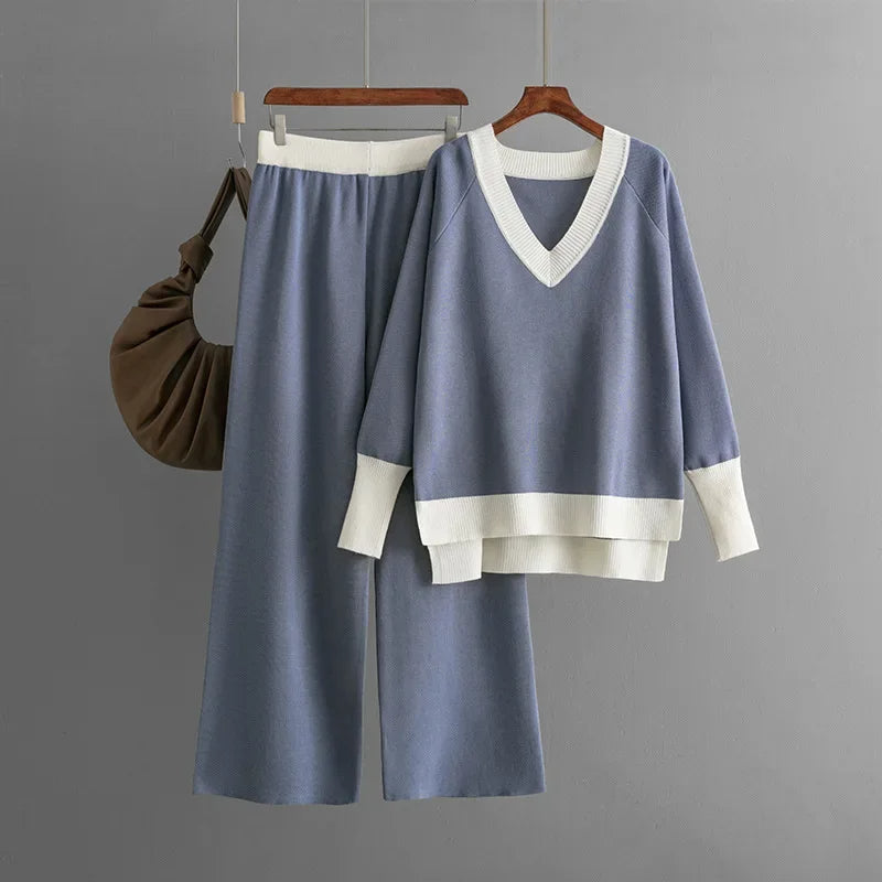 Olga™ - Ensemble top en maille à col en V et pantalon
