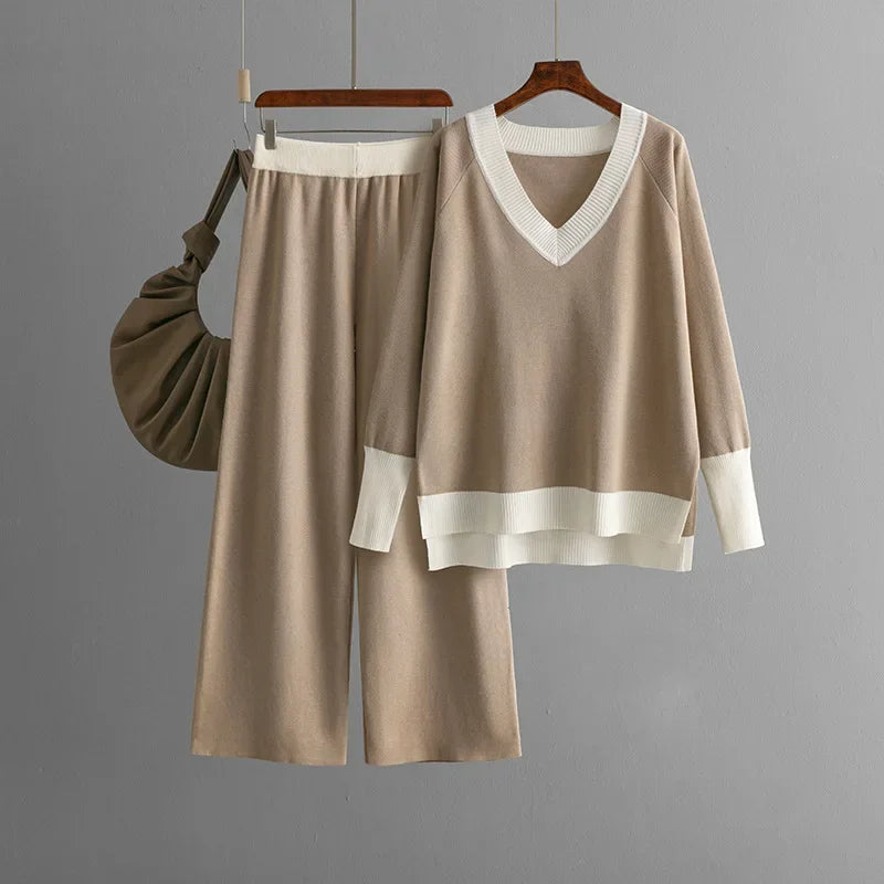 Olga™ - Ensemble top en maille à col en V et pantalon