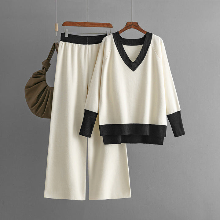 Olga™ - Ensemble top en maille à col en V et pantalon